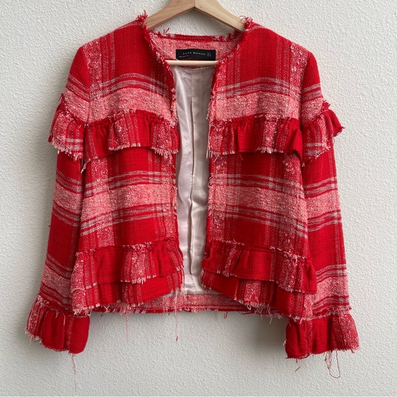 ZARA Red Pink Blogger Favorite Plaid Tweed Fringe Ruffle Cropped Blazer Jacket - Picture 5 of 13